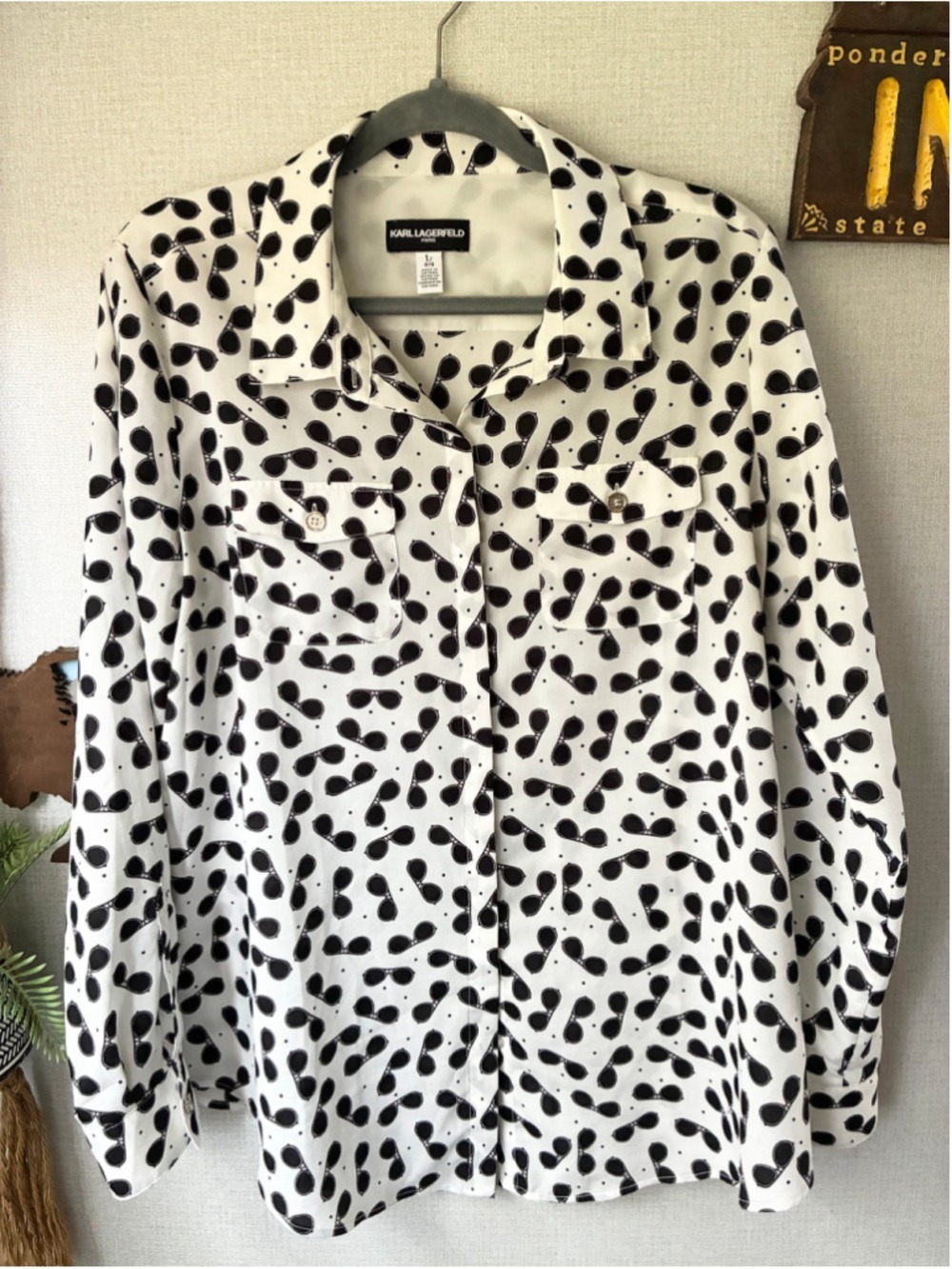 KARL LAGERFELD PARIS White Black Sunglasses Button Down Shirt Large - Picture 2 of 6